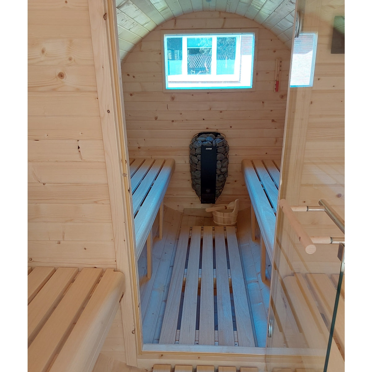 Fass-Sauna 3500 mm Länge mit offenem Vorraum, elektrischer Ofen